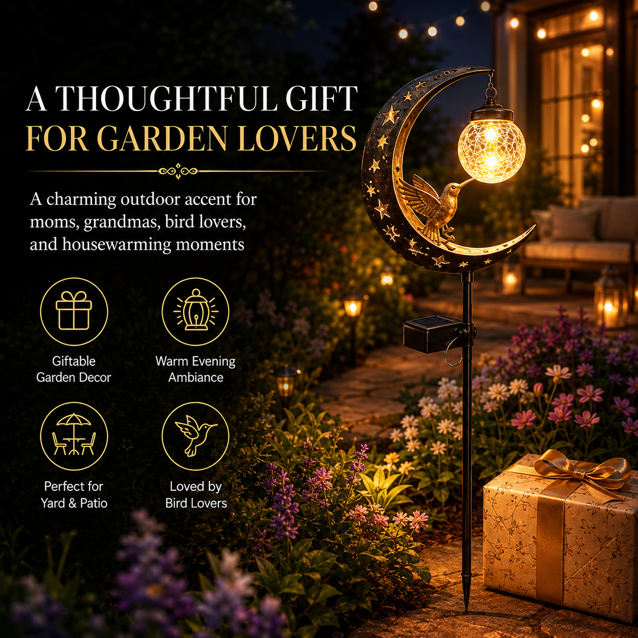 Hummingbird Moon Solar Garden Stake Light 🌙