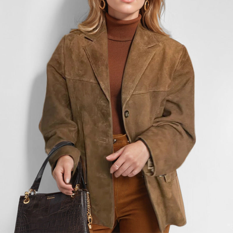 Vintage Style Loose Suede Long-Sleeve Blazer with Pockets for Women