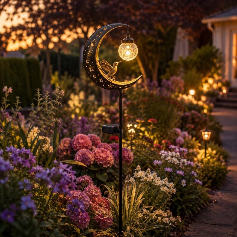 Hummingbird Moon Solar Garden Stake Light 🌙