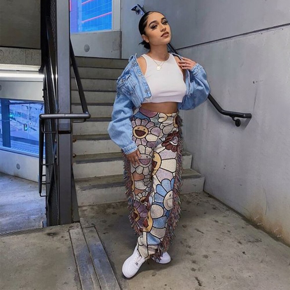 Amfeov Women Sweat Pant Side Tassels Cartoon Printed Harajuku Trousers Cargo Slim Jogger Fleece Pants Fall Streetwear Casual Sweatpant