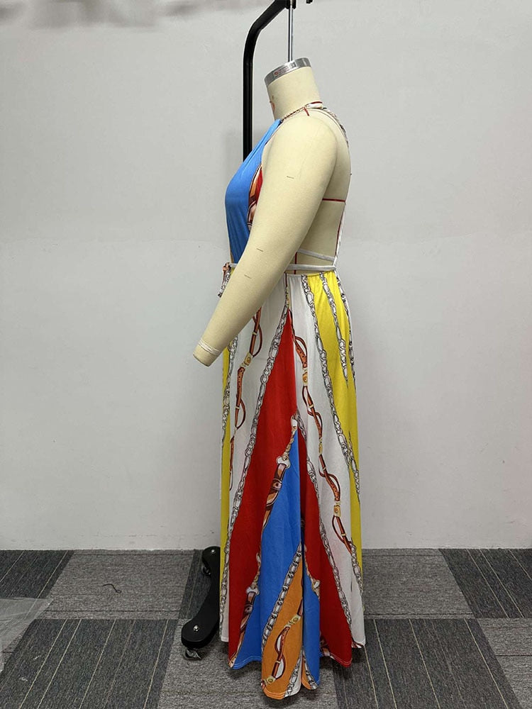 Women Chains Printed Sleeveless Backless Maxi Dress Casual Summer Beach Party Dress